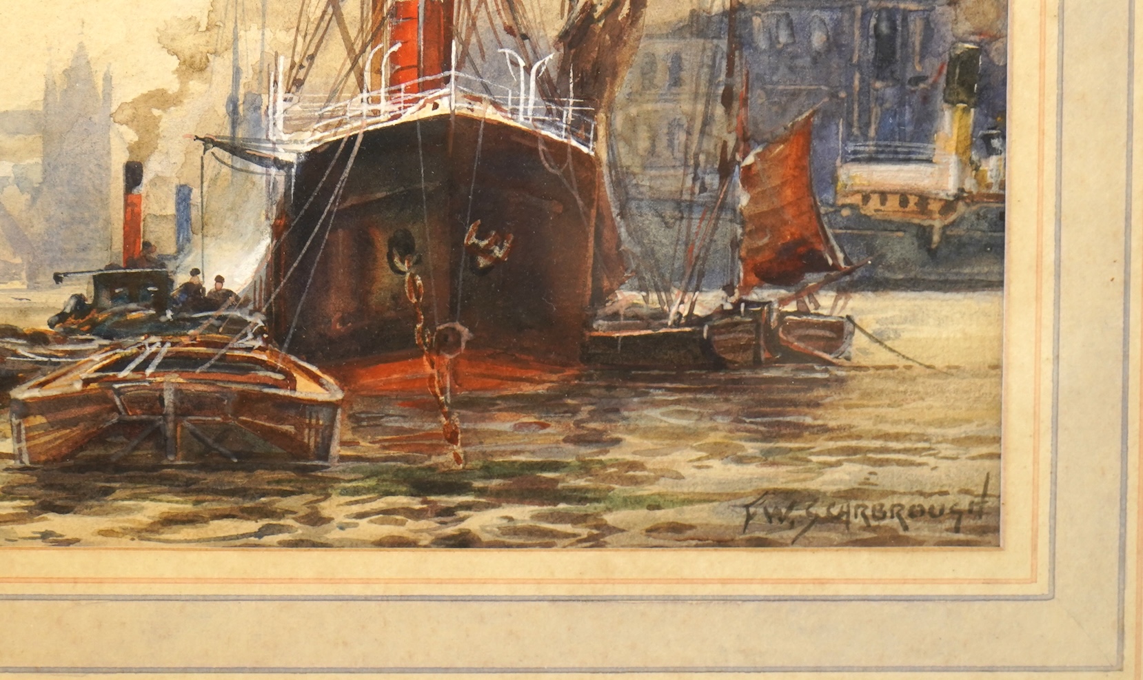 Frederick William Scarborough (1860-1939), ‘The pool of London’, signed and inscribed, watercolour, 17 x 23cm, ornate gilt frame